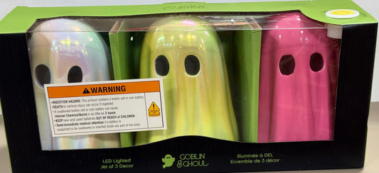 New in box Ghoblin & Ghoul 3-piece iridescent ceramic ghost led light up Halloween decor set