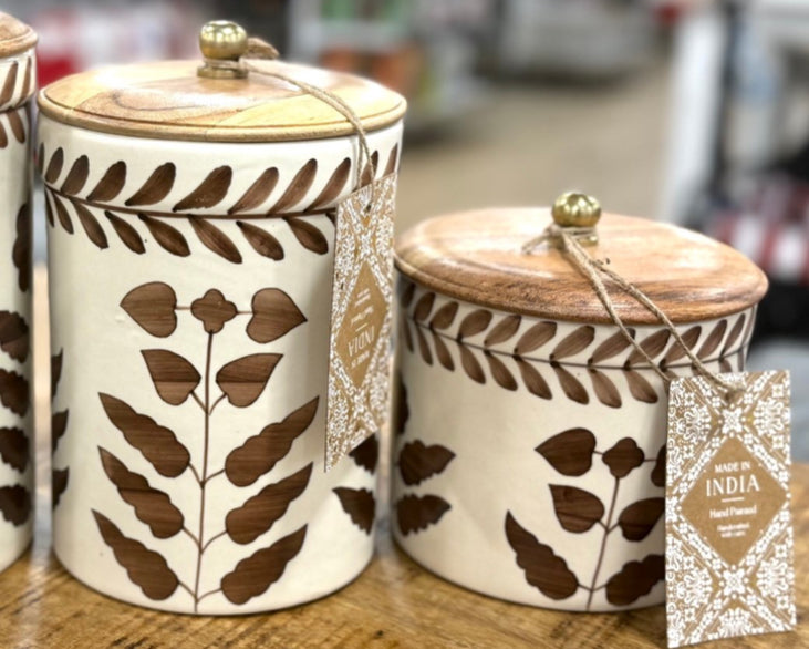 New Made In India ceramic 2-piece brown floral canister set 7.5 & 5” sizes