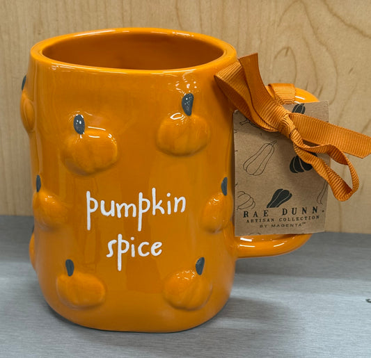 New Rae Dunn orange raised pumpkin ceramic coffee mug PUMPKIN SPICE