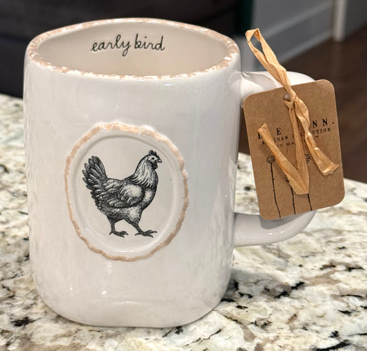 New Rae Dunn white ceramic Farmline coffee mug EARLY BIRD