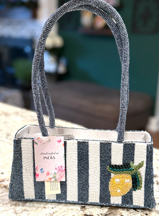 New beaded Made In India blue striped top handle tote with lemon 🍋 9x3