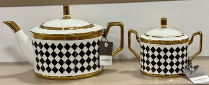 New ceramic gold checked teapot and sugar storage set