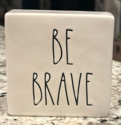 Rae Dunn white ceramic decor block 5x5 WORK HARD/BE BRAVE