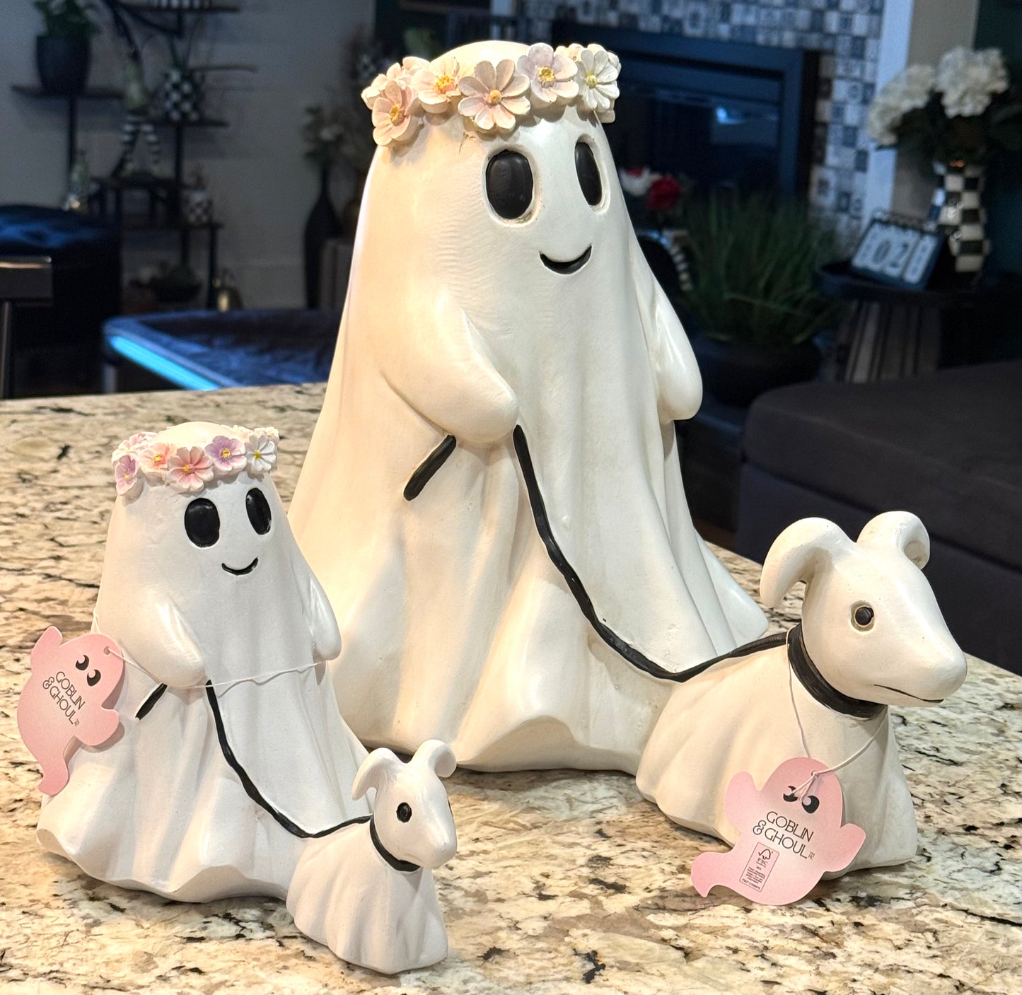 New large size Halloween Ghost & Dog walking resin set, girl/boy both included!! 12x15