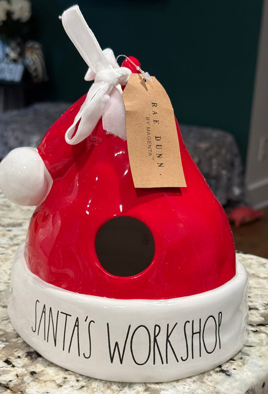 New Rae Dunn white ceramic SANTA’S WORKSHOP birdhouse Santa hat