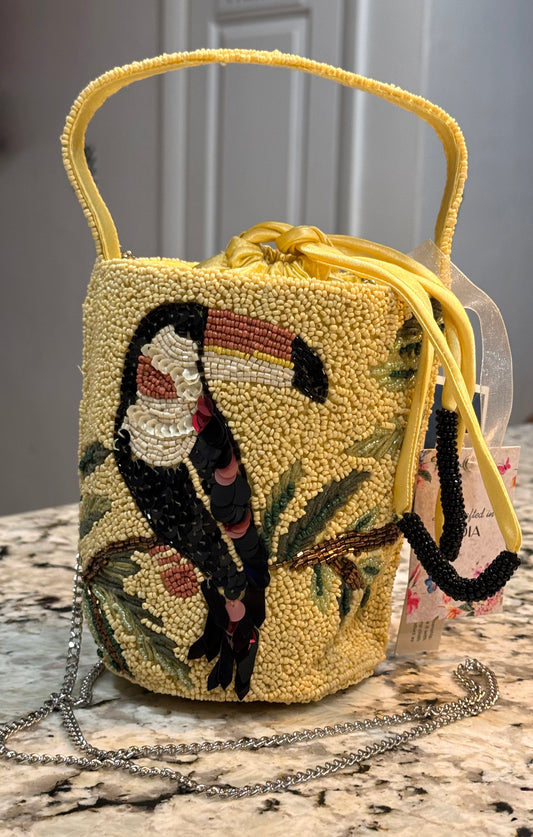 New Made In India yellow beaded Tucan drawstring satin interior tote/purse, crossbody chain strap