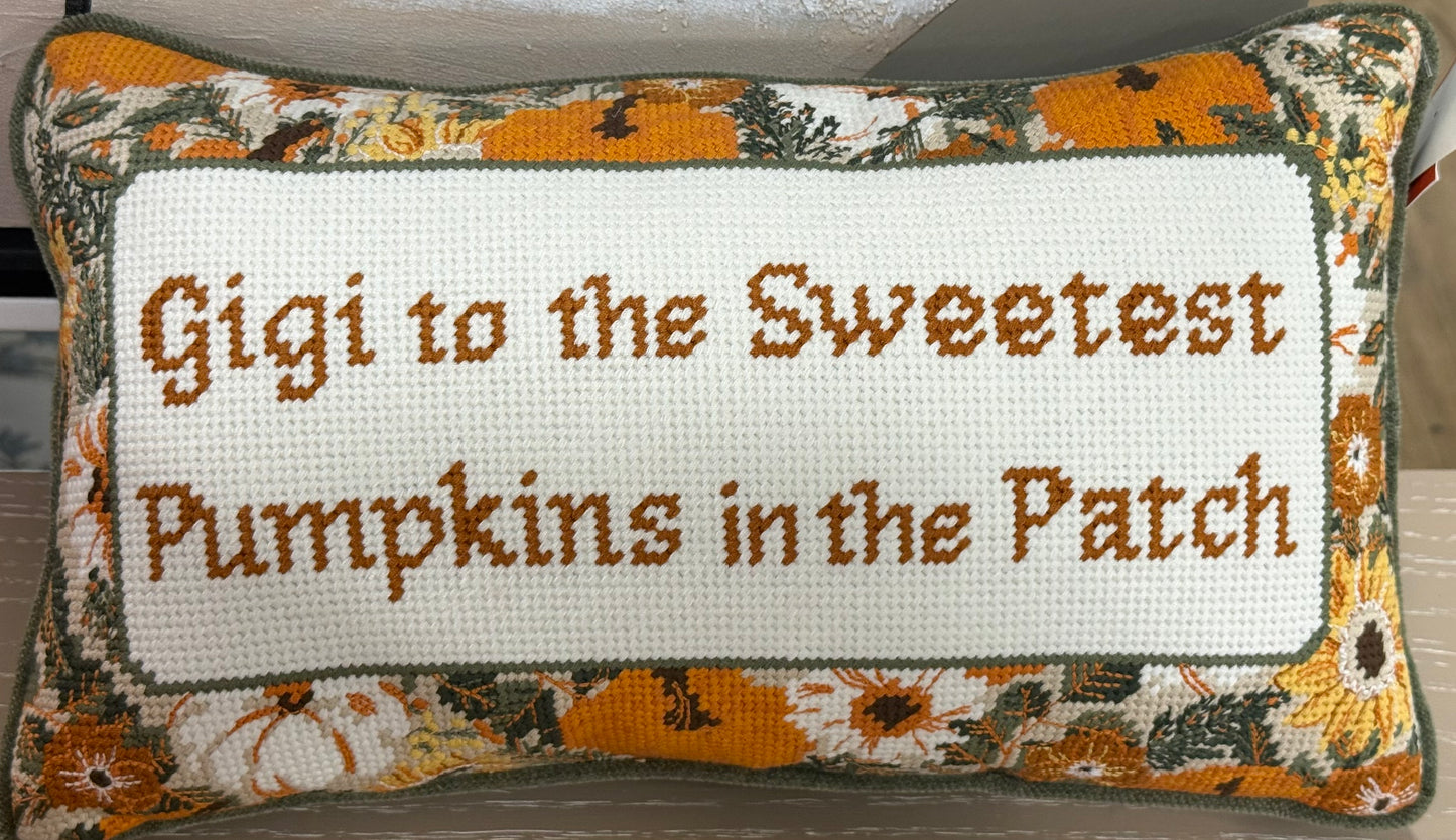 New fall floral needlepoint hook throw pillow GIGI TO THE SWEETEST PUMPKINS IN THE PATCH 9x16