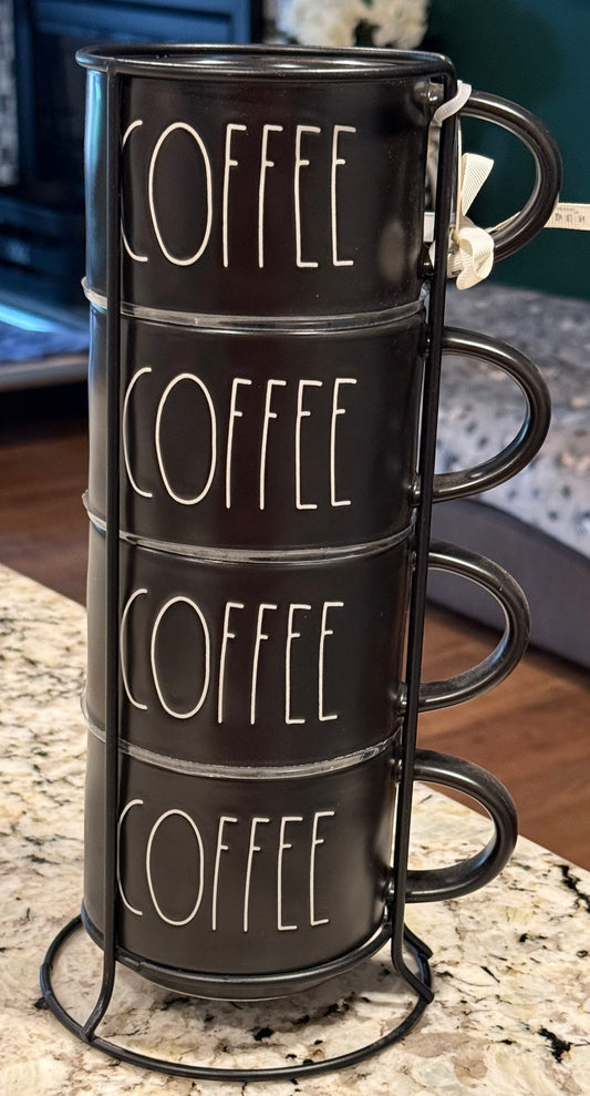 New Rae Dunn 4-piece black ceramic COFFEE mug set with metal cup holder