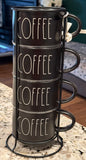 New Rae Dunn 4-piece black ceramic COFFEE mug set with metal cup holder