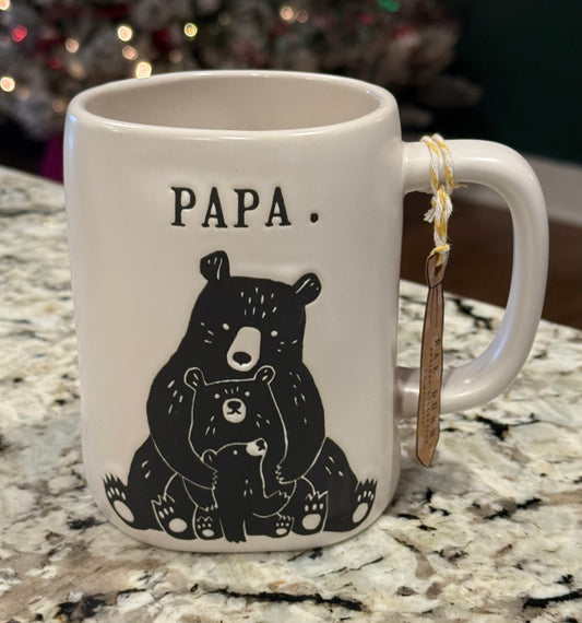 New Rae Dunn white ceramic coffee mug PAPA. With cub