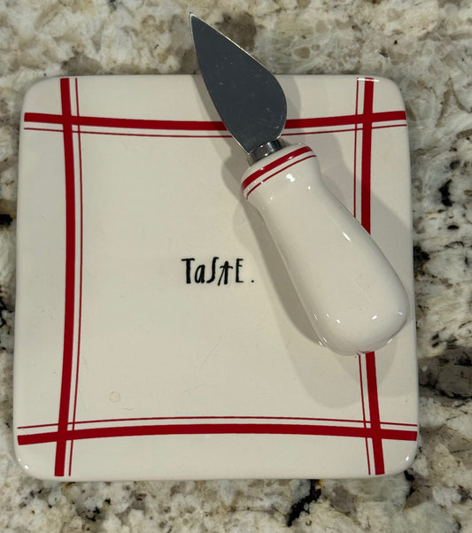 Rae Dunn red line gently used ceramic cheese plate & knife