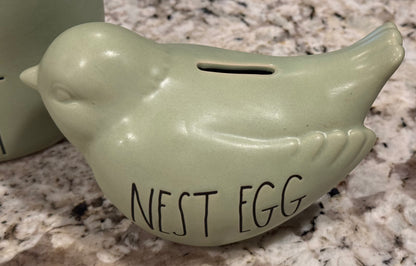 New Rae Dunn green ceramic birdhouse & bank set NEST/NEST EGG