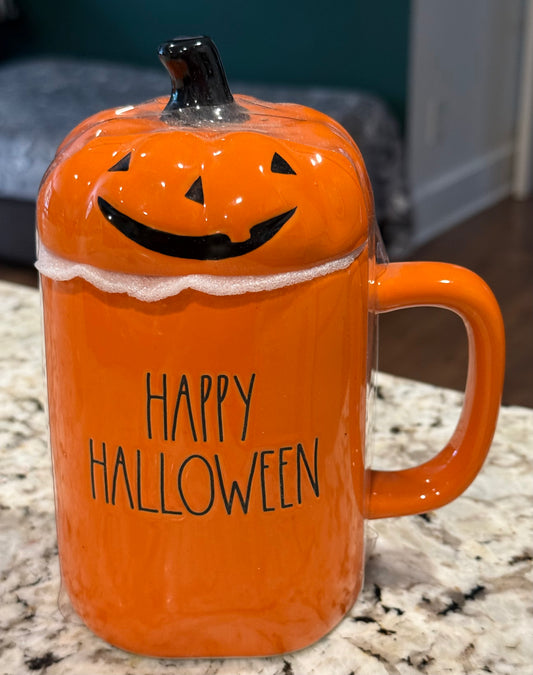 New Rae Dunn orange ceramic coffee mug HAPPY HALLOWEEN pumpkin face topped