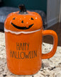 New Rae Dunn orange ceramic coffee mug HAPPY HALLOWEEN pumpkin face topped