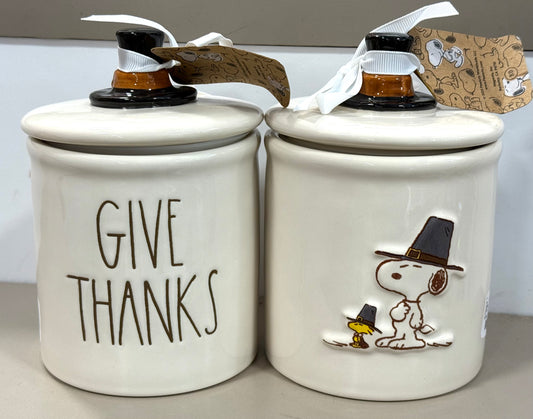New Rae Dunn x Peanuts Snoopy fall ceramic canister 5.25” GIVE THANKS pilgrim hat topped