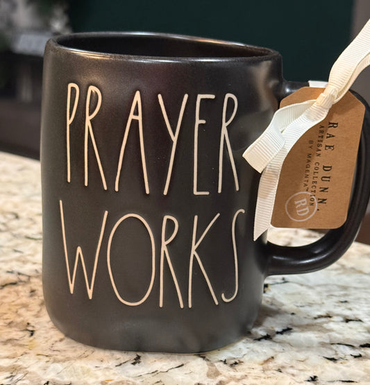 New Rae Dunn black ceramic mug PRAYER WORKS