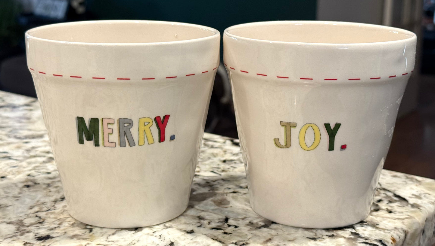 Rae Dunn vintage retired 2-piece Christmas planter set MERRY & JOY