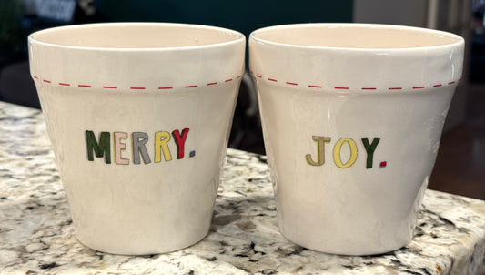 Rae Dunn vintage retired 2-piece Christmas planter set MERRY & JOY