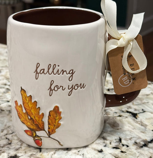 New Rae Dunn white ceramic leaf coffee mug FALLING FOR YOU