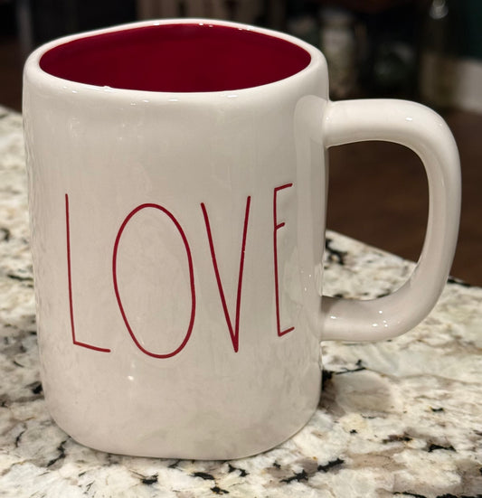 New Rae Dunn white ceramic coffee mug LOVE red interior & writing