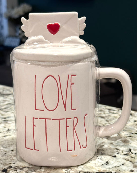 New Rae Dunn white envelope topped ceramic coffee mug LOVE LETTERS