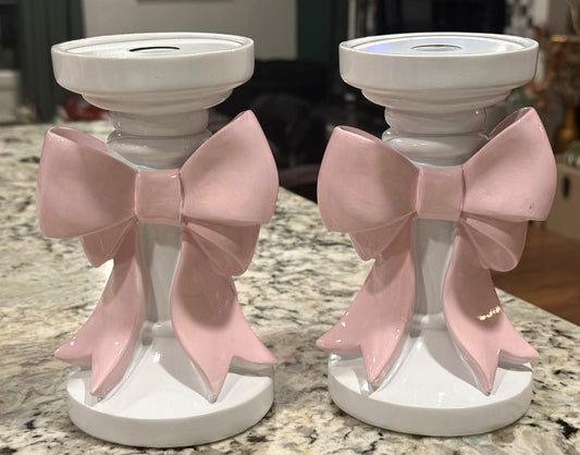 New 6” pink & white coquette candle stick holder set