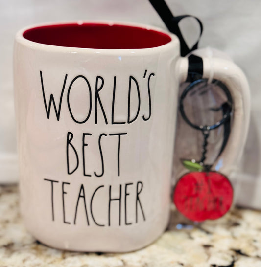 New Rae Dunn white ceramic coffee mug WORLD’S BEST TEACHER with key chain charm