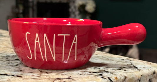 New Rae Dunn red Christmas handled bowl SANTA