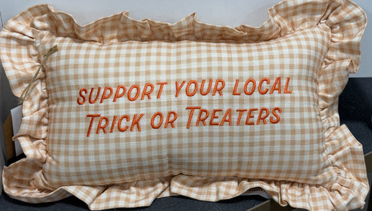 New 9x16 orange gingham Halloween throw pillow SUPPORT YOUR LOCAL TRICK OR TREATERS