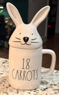 New Rae Dunn bunny rabbit topped white ceramic Easter coffee mug 18 CARROTS 🥕