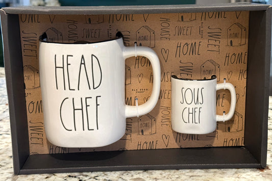 New Rae Dunn white ceramic coffee mug set /mini mug HEAD CHEF/SOUS CHEF