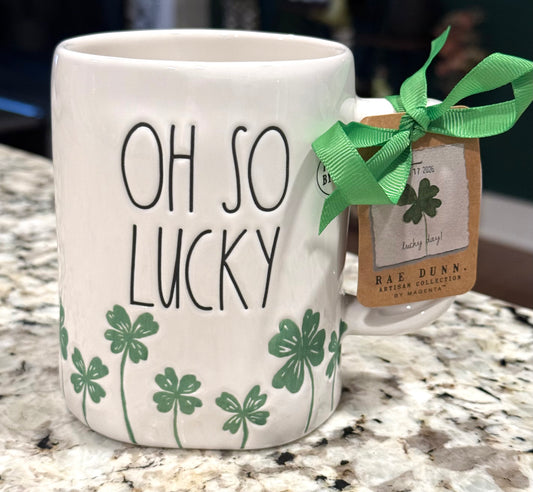 New Rae Dunn white ceramic shamrock engraved St. Patrick’s Day coffee mug OH SO LUCKY 🍀
