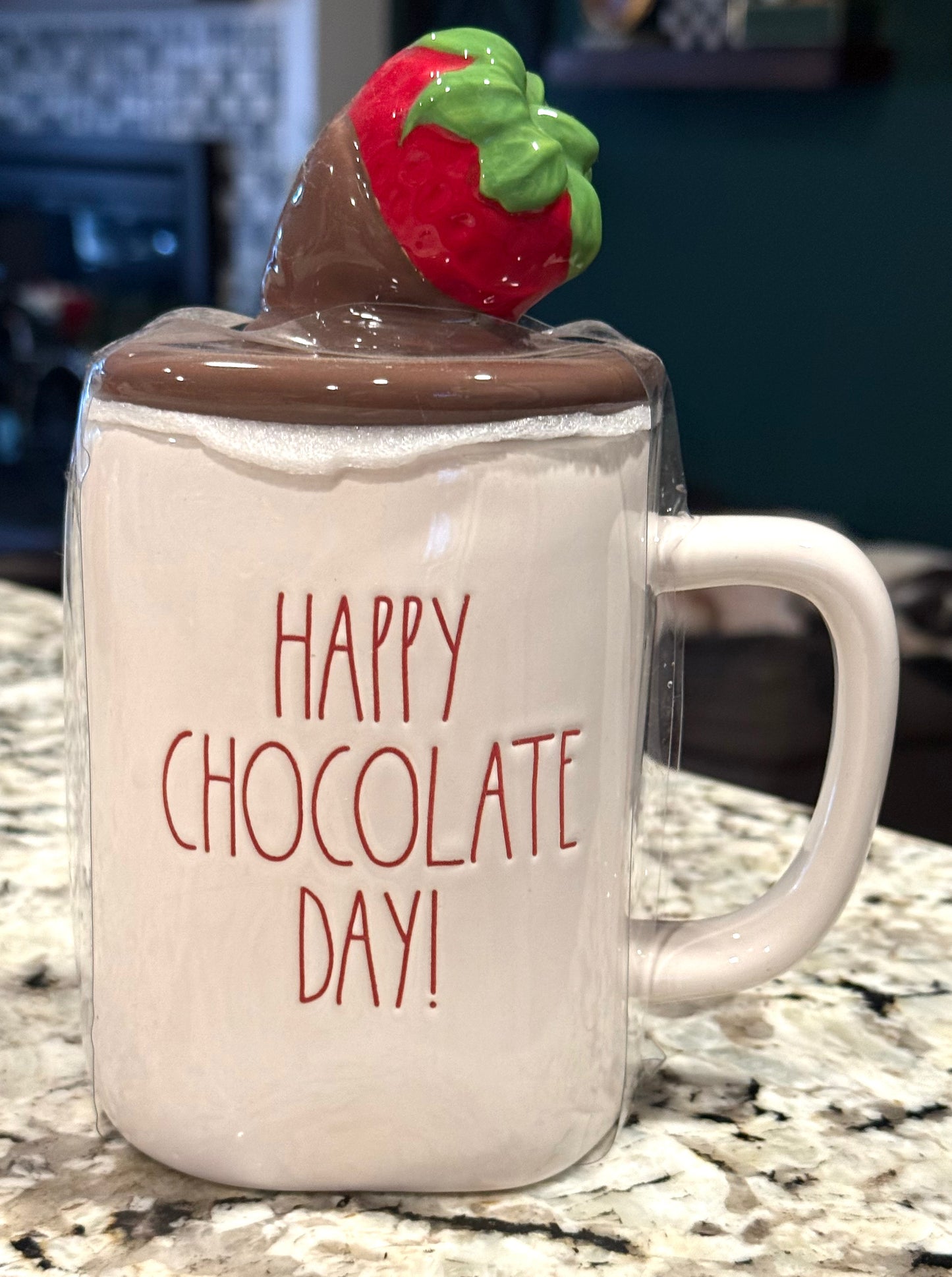 New Rae Dunn white strawberry 🍓 topped ceramic coffee mug HAPPY CHOCOLATE DAY