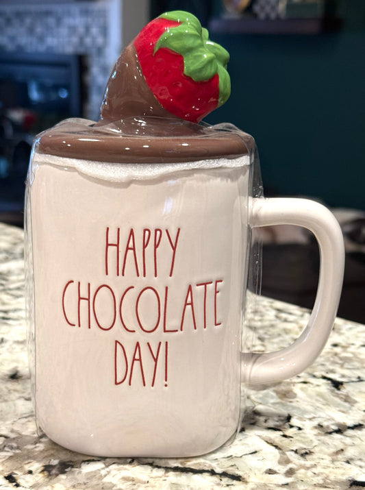 New Rae Dunn white strawberry 🍓 topped ceramic coffee mug HAPPY CHOCOLATE DAY