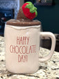 New Rae Dunn white strawberry 🍓 topped ceramic coffee mug HAPPY CHOCOLATE DAY
