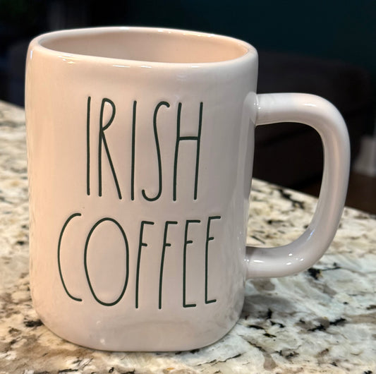 New Rae Dunn white ceramic green writing coffee mug IRISH COFFEE