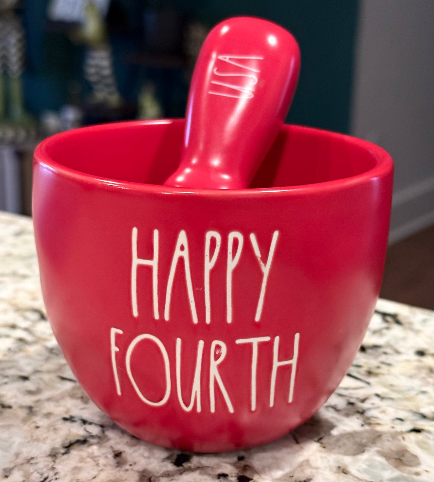 New Rae Dunn red ceramic Americana set HAPPY FOURTH bowl & USA knife