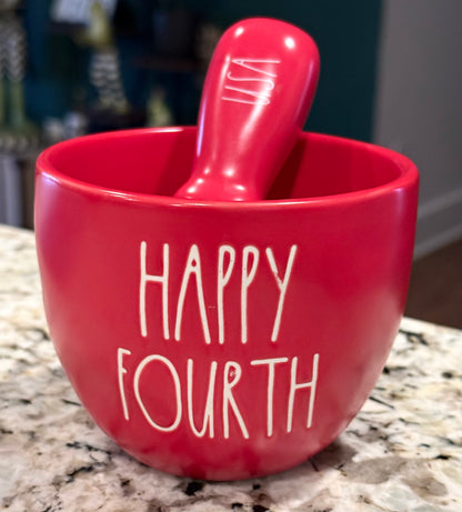 New Rae Dunn red ceramic Americana set HAPPY FOURTH bowl & USA knife