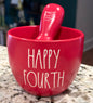 New Rae Dunn red ceramic Americana set HAPPY FOURTH bowl & USA knife