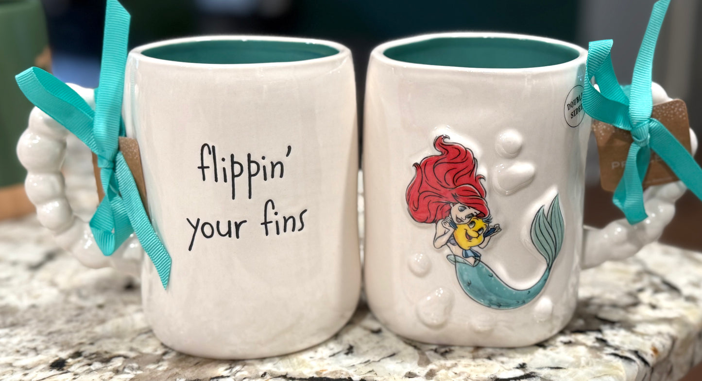 New Rae Dunn x Disney’s white ceramic The Little Mermaid beaded handled coffee mug FLIPPIN’ YOUR FINS