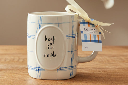 New Rae Dunn blue plaid ceramic coffee mug KEEP LIFE SIMPLE