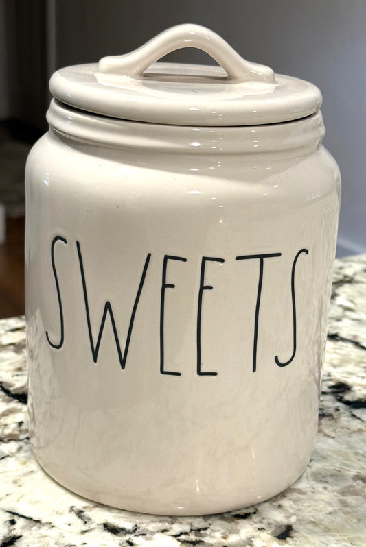Rae Dunn white ceramic SWEETS 8” flat lid canister