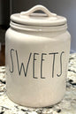 Rae Dunn white ceramic SWEETS 8” flat lid canister
