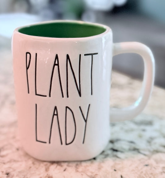 New Rae Dunn white ceramic coffee mug Green interior PLANT LADY