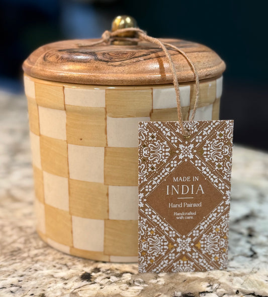 New ceramic light yellow 5” Made in India canister wood lid with seal