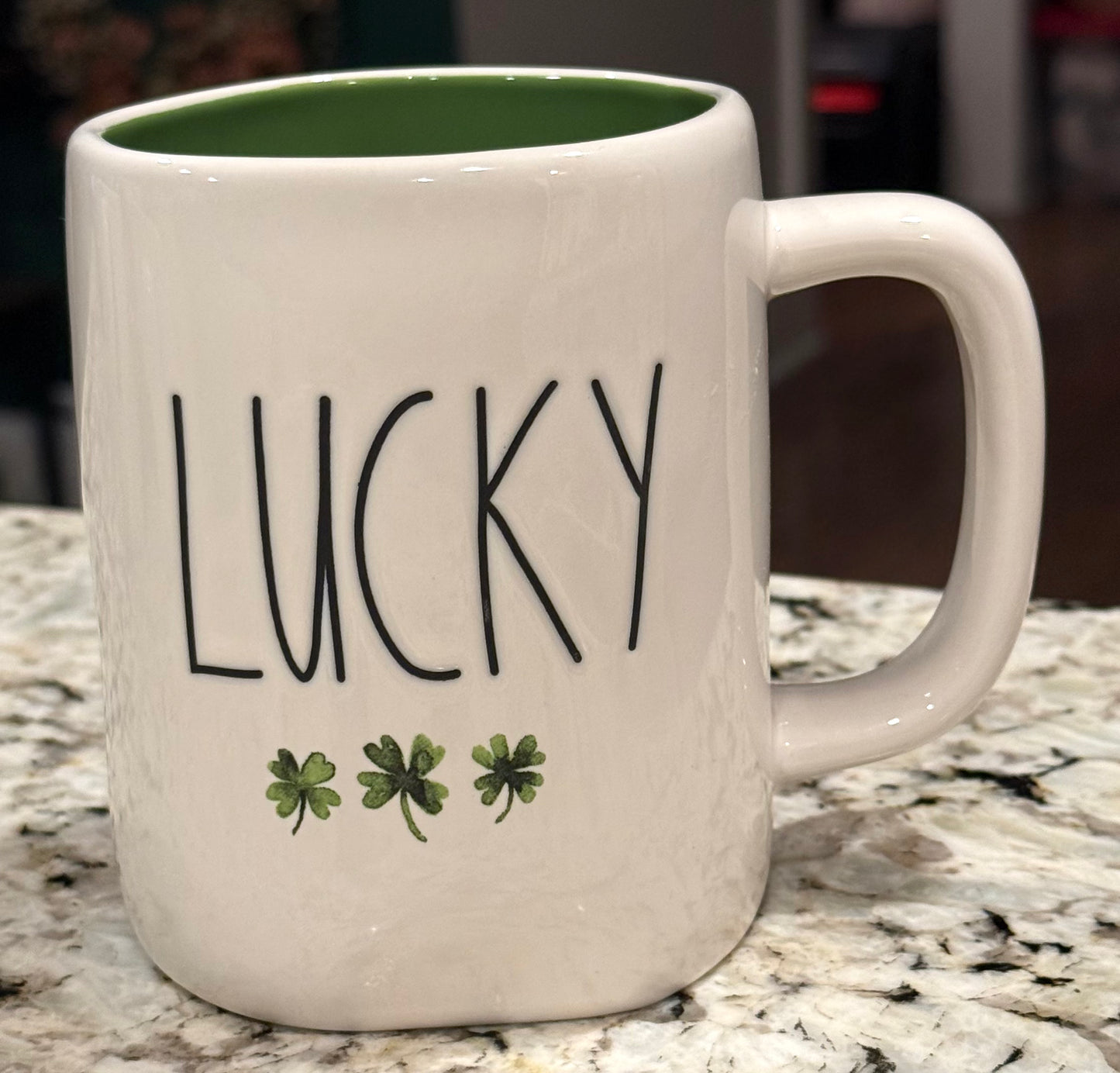 New Rae Dunn St. Patrick’s Day ceramic coffee mug LUCKY, watercolor shamrocks