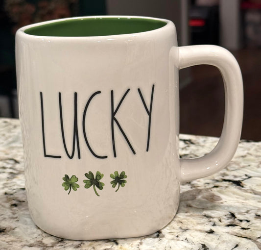 New Rae Dunn St. Patrick’s Day ceramic coffee mug LUCKY, watercolor shamrocks