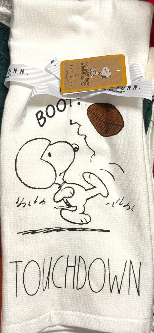 New Rae Dunn x Peanuts Snoopy 2-piece kitchen dish towel set TOUCHDOWN