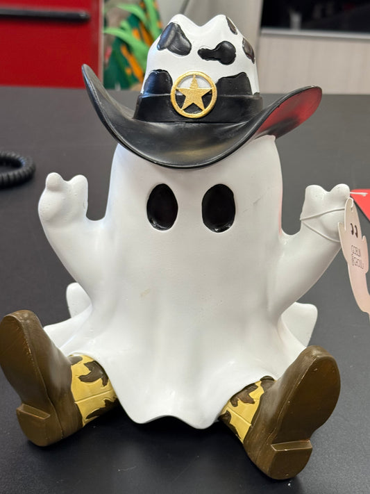New white resin cowboy ghost with hat, shoes
