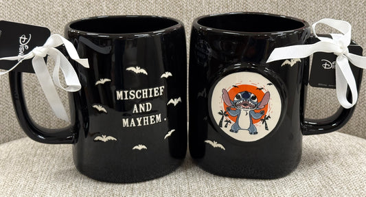 New Rae Dunn x Lilo & Stitch black iridescent ceramic coffee mug MISCHIEF AND MAYHEM